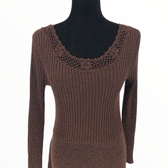 70’s Vintage Wenjilli Brown Metallic Knit Long Sleeve Maxi Dress - Picture 2 of 12
